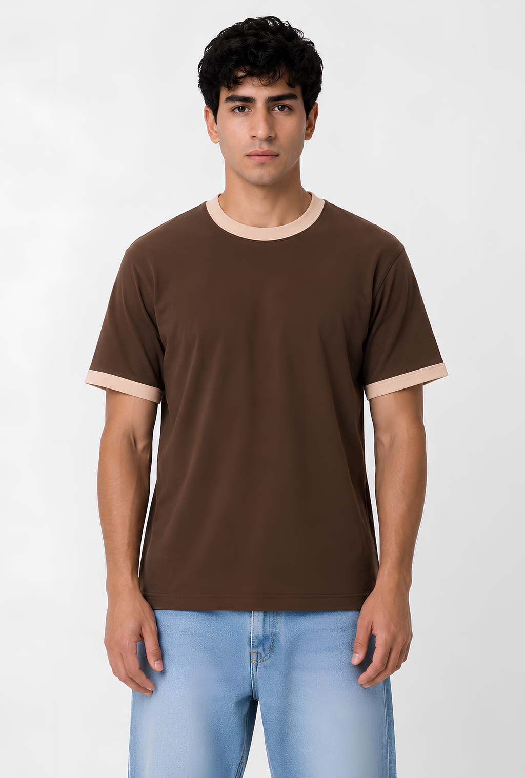 CONTRAST TRIM TEE - BROWN